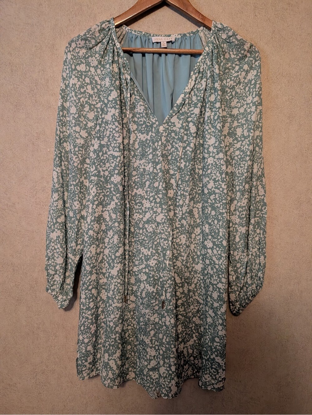 ANNA CATE sage green white floral long sleeve mini dress sz S